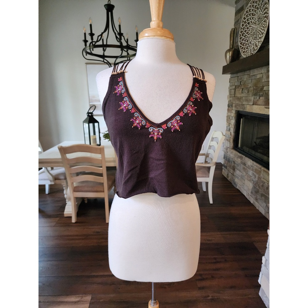 Y2K VTG‎ New York & Company Brown Embellished Embroidered Top Beaded Details